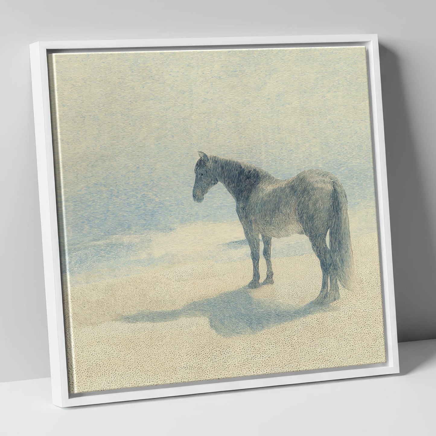 Stillness in Slate horse landscape canvas wall art in white frame