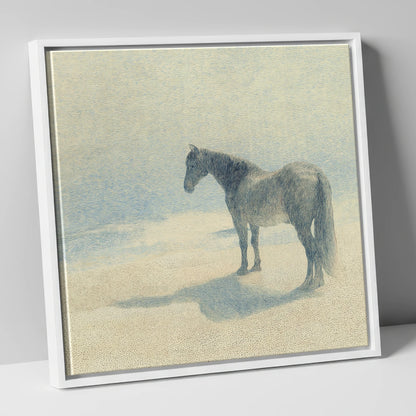 Stillness in Slate horse landscape canvas wall art in white frame