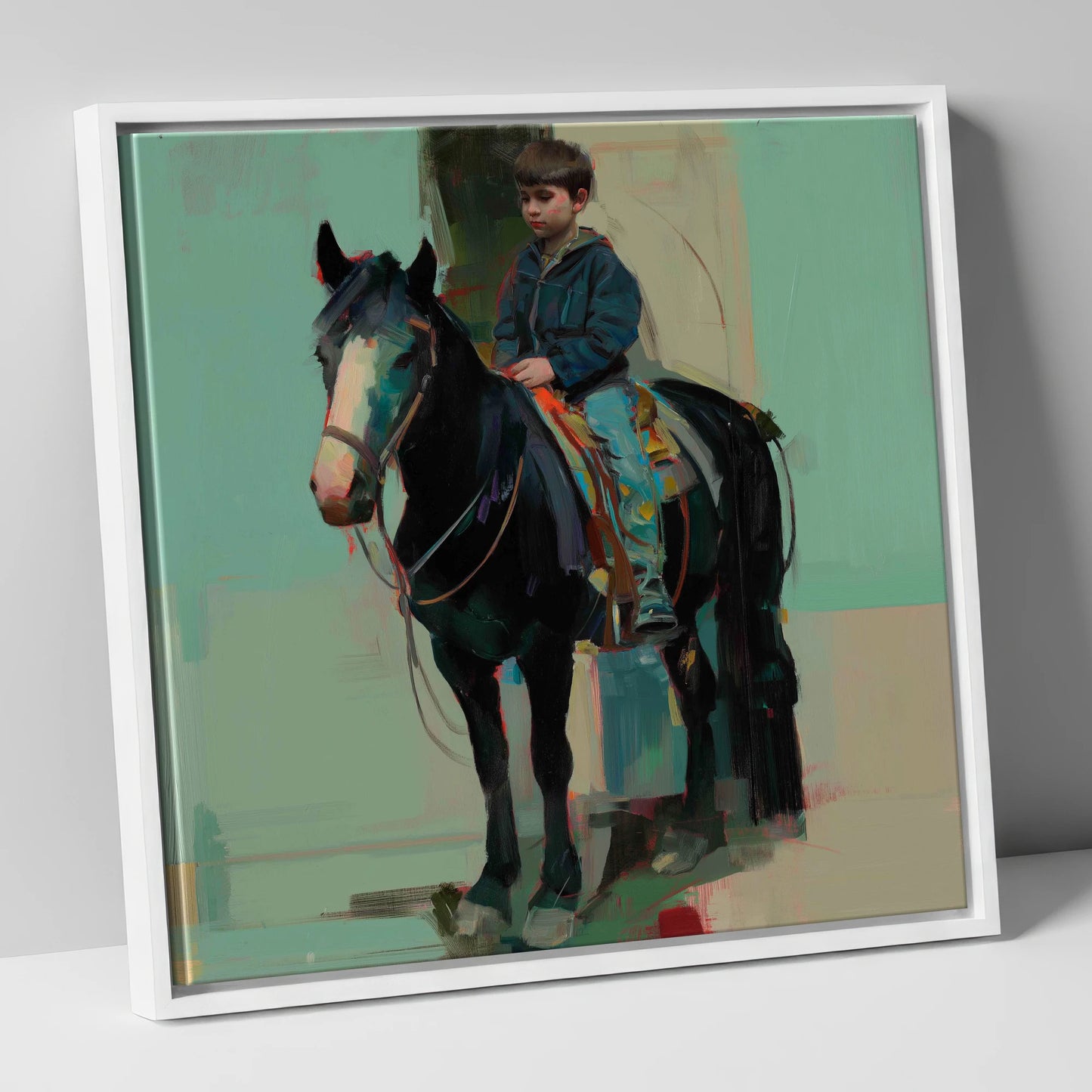 The Quiet Partnership horse & rider canvas wall art in white frame