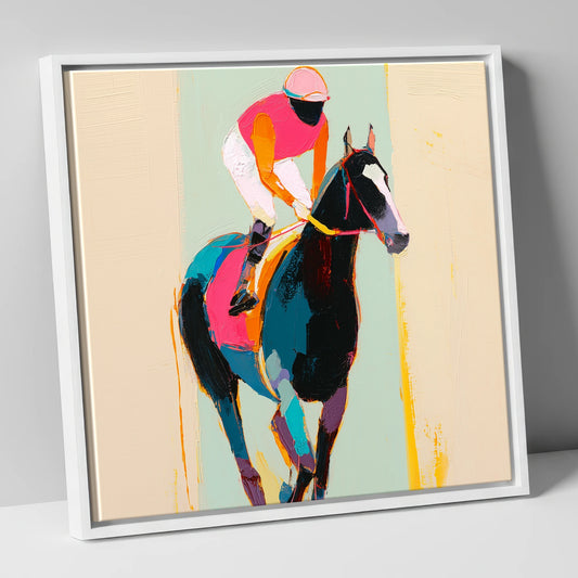 The Bold Contender racing horse canvas wall art in white frame