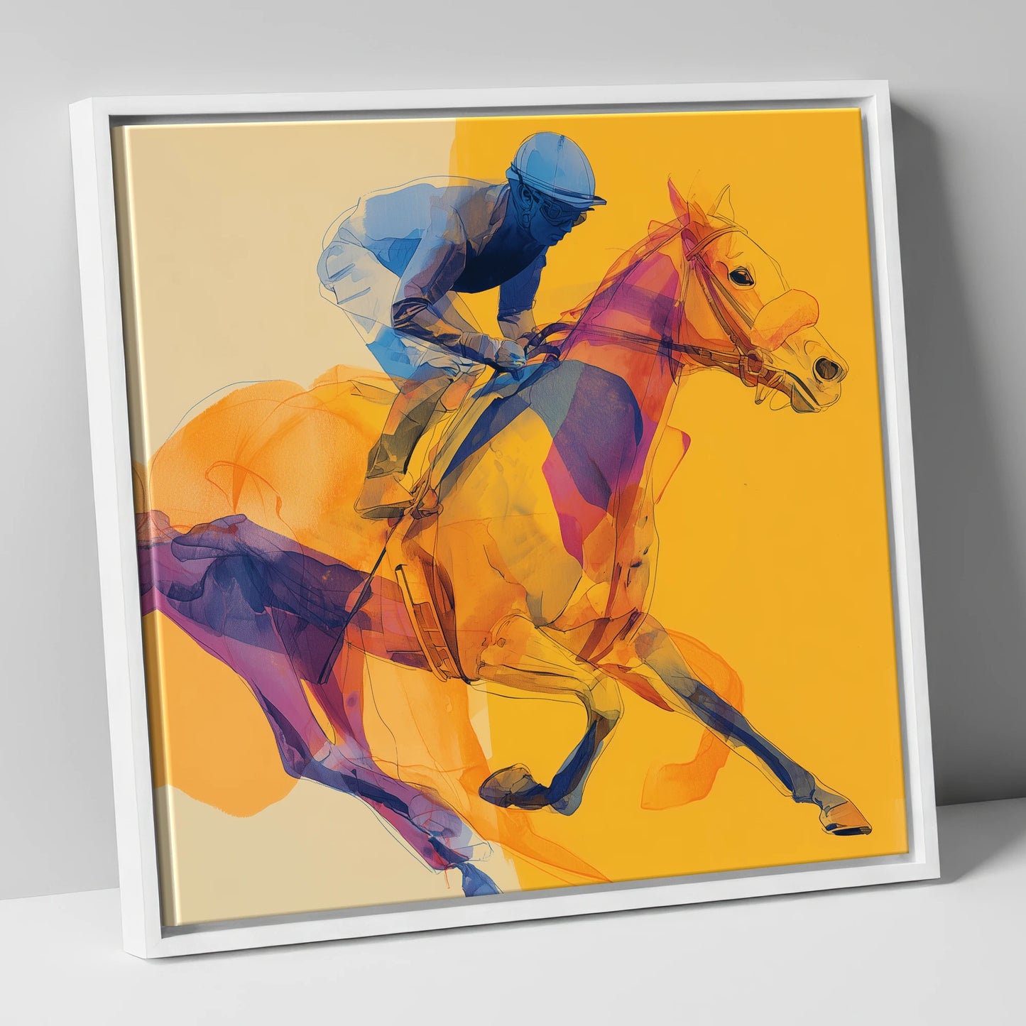 Cobalt Racing Stride racing horse canvas wall art in white frame