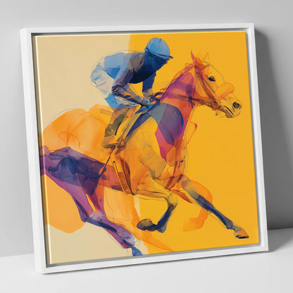 Cobalt Racing Stride racing horse canvas wall art in white frame