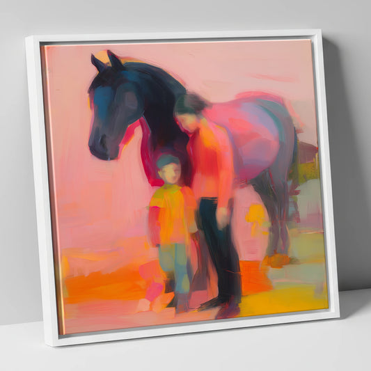 A Vibrant Bond horse & rider canvas wall art in white frame