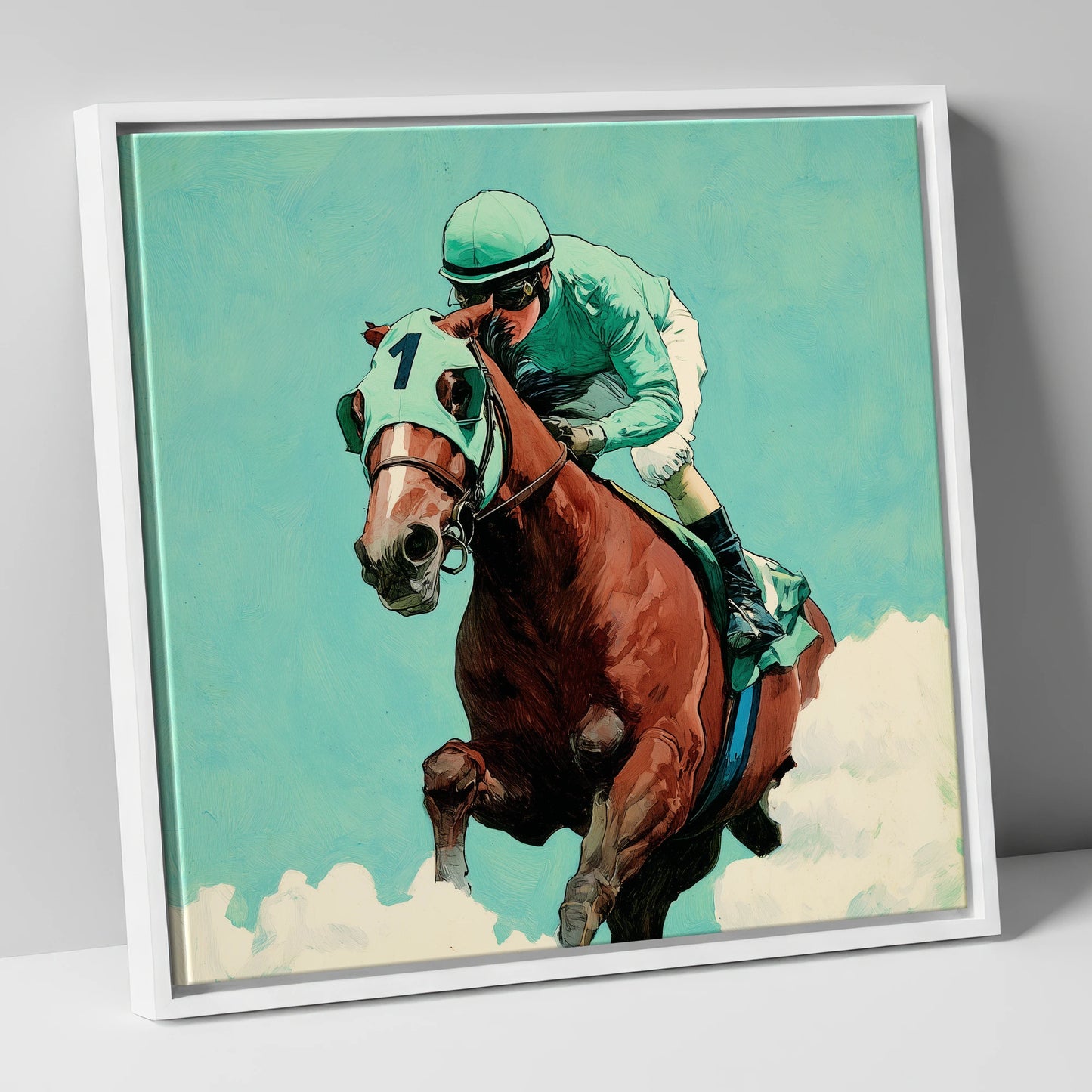 Flight of the Champion racing horse canvas wall art in white frame