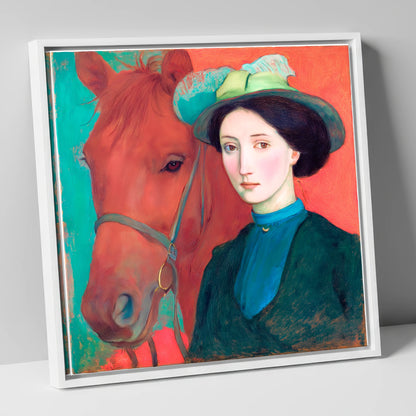 Crimson and Teal Bond horse & rider canvas wall art in white frame