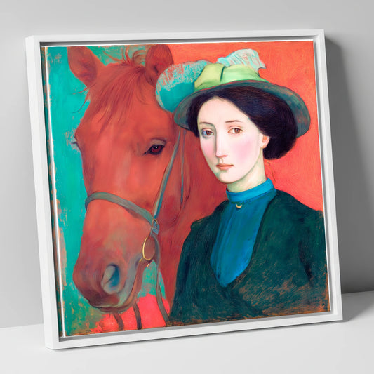 Crimson and Teal Bond horse & rider canvas wall art in white frame