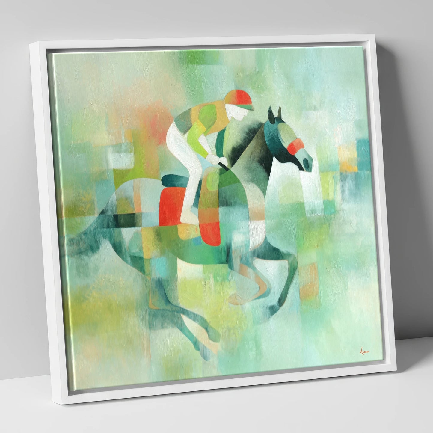 Abstract Turf Stride racing horse canvas wall art in white frame