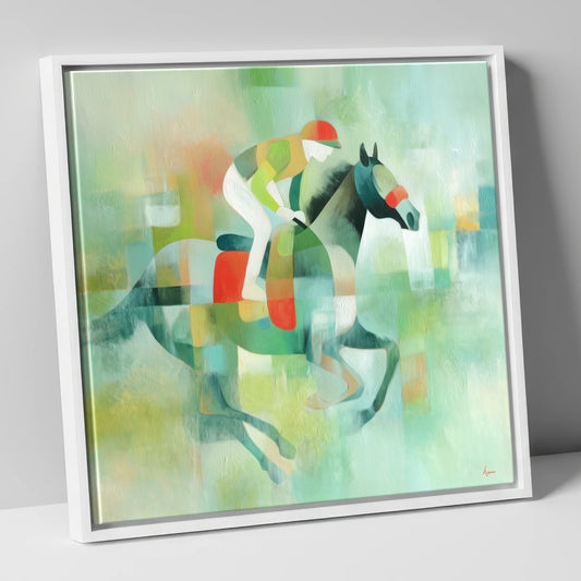 Abstract Turf Stride racing horse canvas wall art in white frame