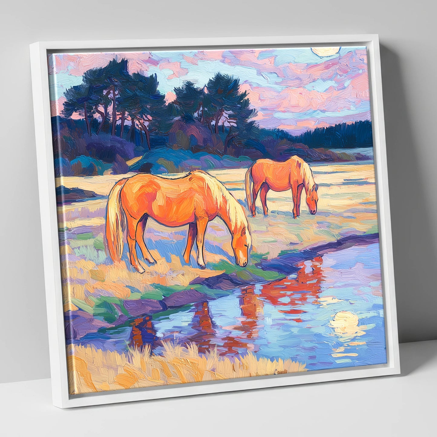 Evening Pasture Reflections horse landscape canvas wall art in white frame