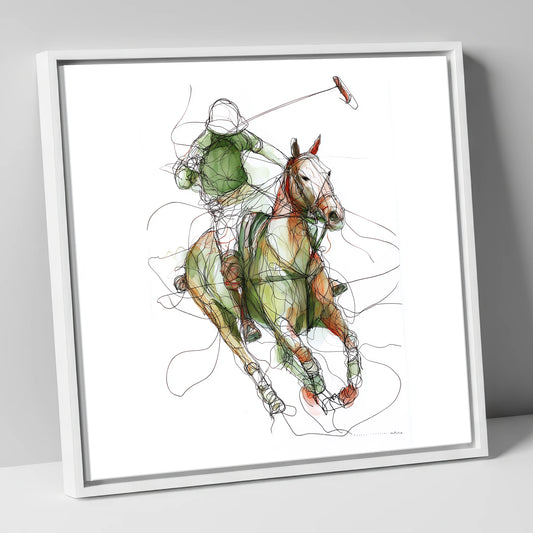 Kinetic Polo Strike polo horse canvas wall art in white frame