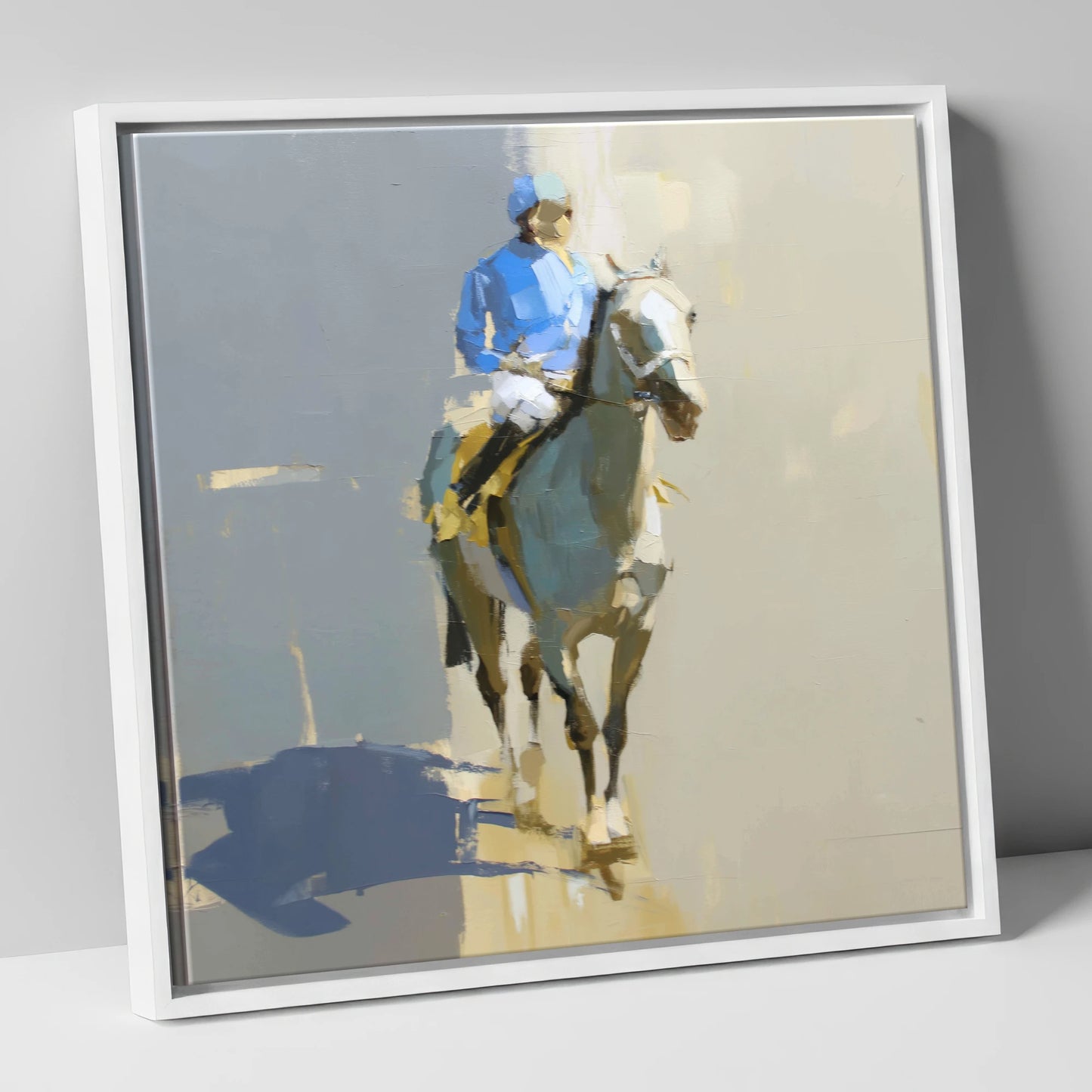 Blue Silks and Shadows racing horse canvas wall art in white frame