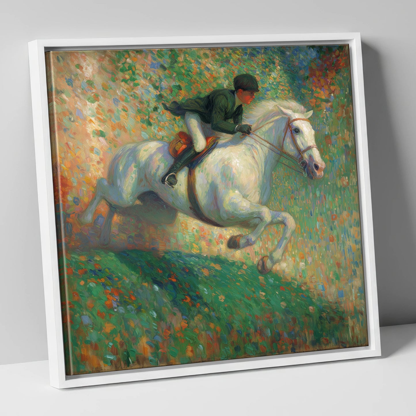 The Painted Leap show jumping horse canvas wall art in white frame