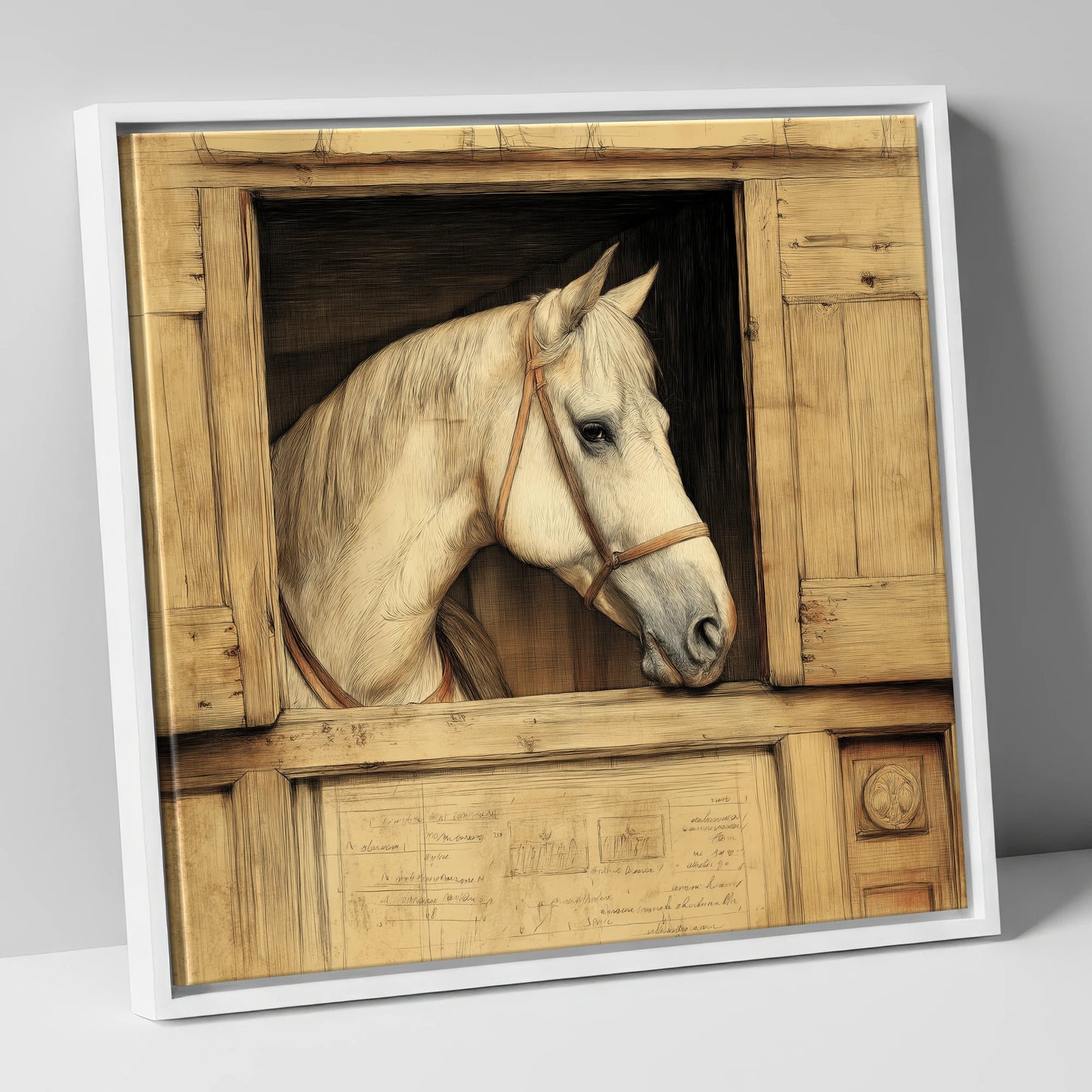 The Draftsman's Grey horse stable canvas wall art in white frame