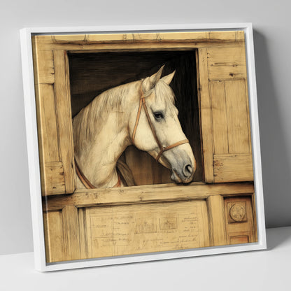 The Draftsman's Grey horse stable canvas wall art in white frame