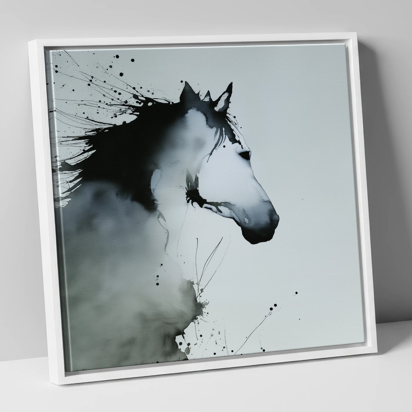 Midnight Wash Profile horse portrait canvas wall art in white frame