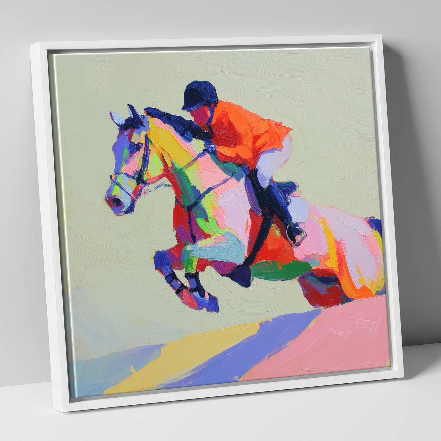 Technicolour Flight show jumping horse canvas wall art in white frame