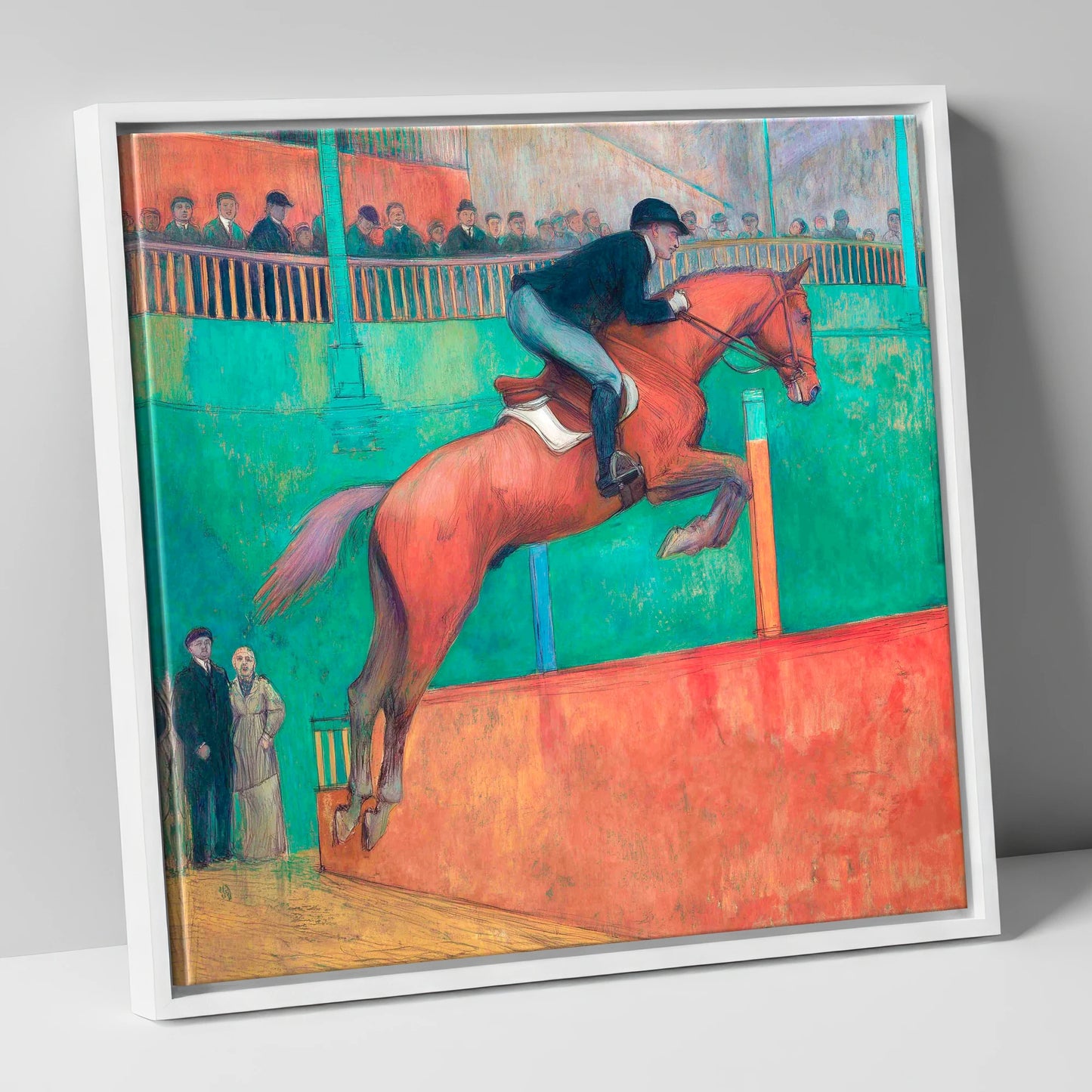 Emerald Arena Flight show jumping horse canvas wall art in white frame