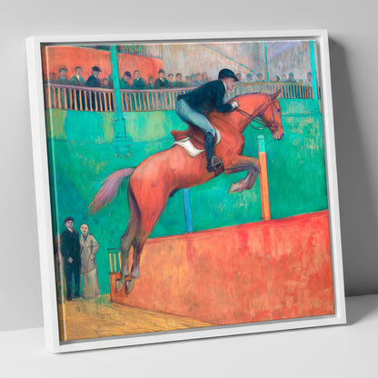 Emerald Arena Flight show jumping horse canvas wall art in white frame