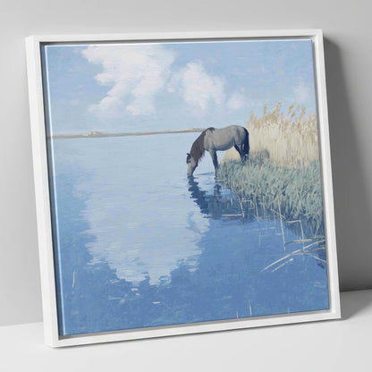 The Quiet Shallows horse landscape canvas wall art in white frame