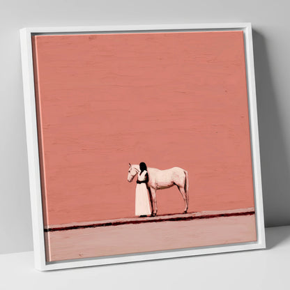 Stillness in Terracotta horse & rider canvas wall art in white frame
