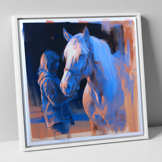 The Cobalt Bond horse & rider canvas wall art in white frame