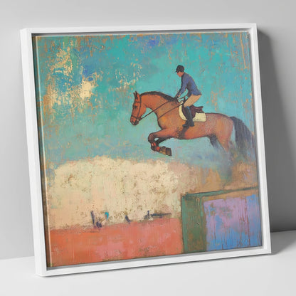Taking Flight show jumping horse canvas wall art in white frame