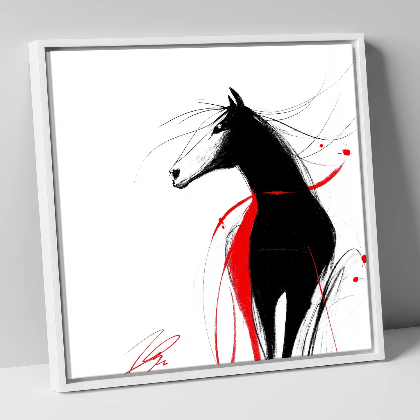 Spirited Silhouette in Red horse portrait canvas wall art in white frame