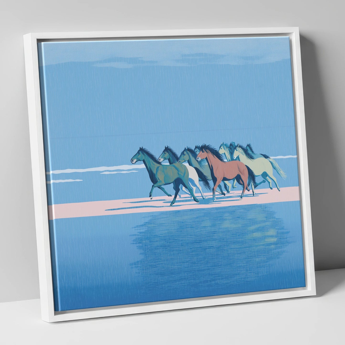 Coastal Canter wild horses canvas wall art in white frame