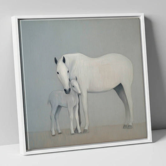 Quiet Devotion mare & foal canvas wall art in white frame