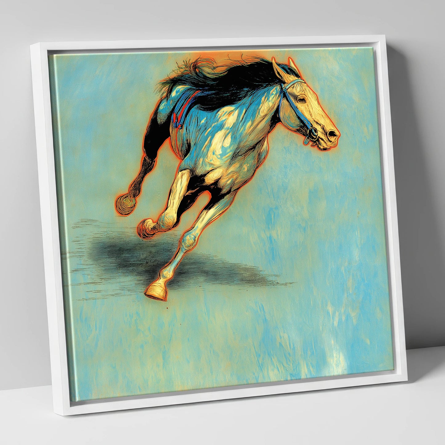 Cerulean Sprint racing horse canvas wall art in white frame