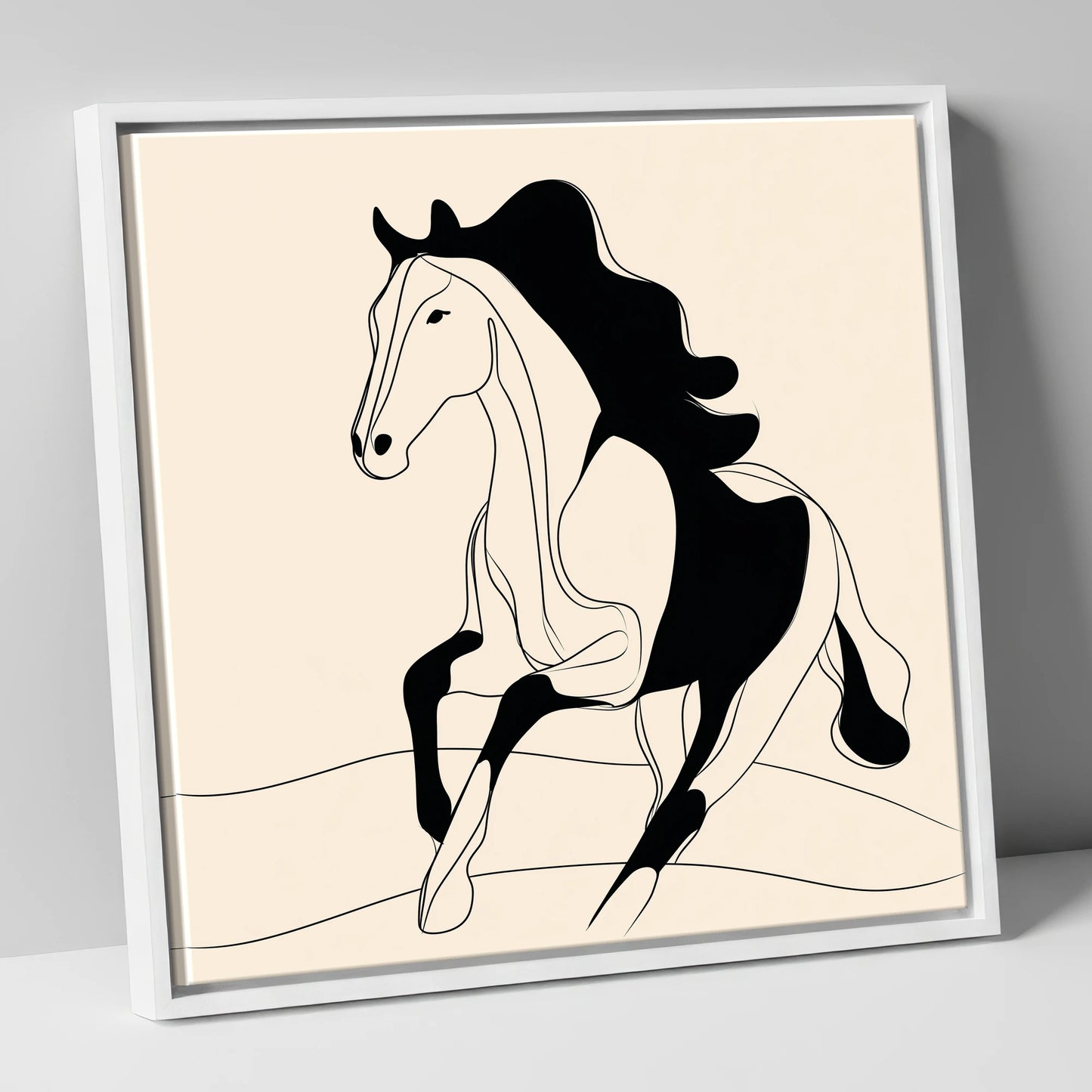 Dynamic Ink Silhouette horse portrait canvas wall art in white frame