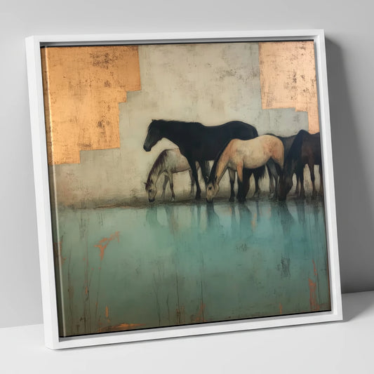 Gilded Herd Reflections wild horses canvas wall art in white frame