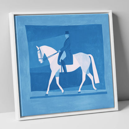Blue Dressage Silhouette dressage horse canvas wall art in white frame