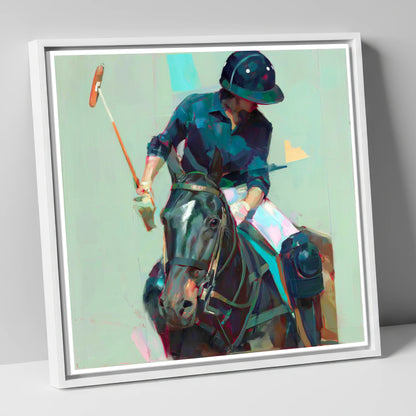 The Decisive Strike polo horse canvas wall art in white frame