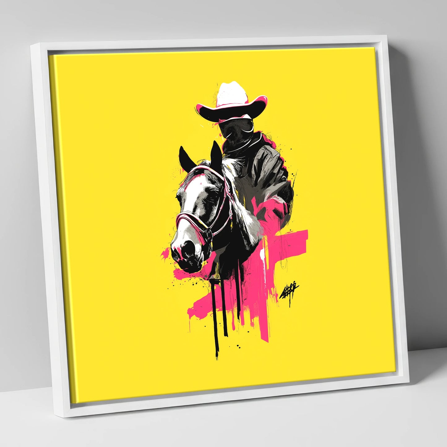 Magenta Western Rider western horse canvas wall art in white frame