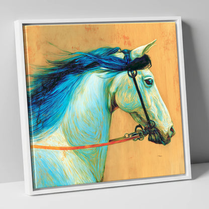 Cerulean Spirit horse portrait canvas wall art in white frame