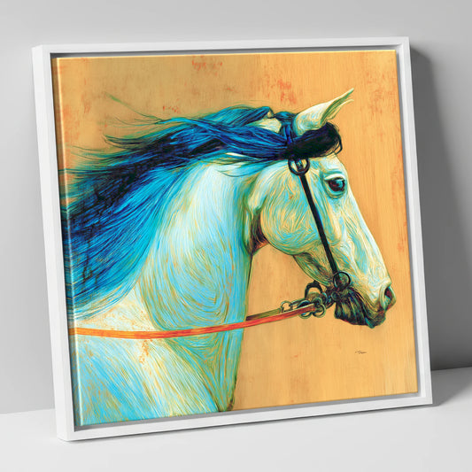 Cerulean Spirit horse portrait canvas wall art in white frame