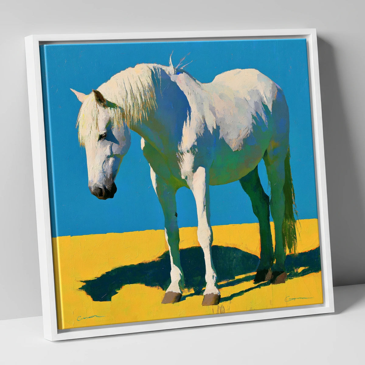 Sunlit Grey Horse Blue Sky horse breed canvas wall art in white frame