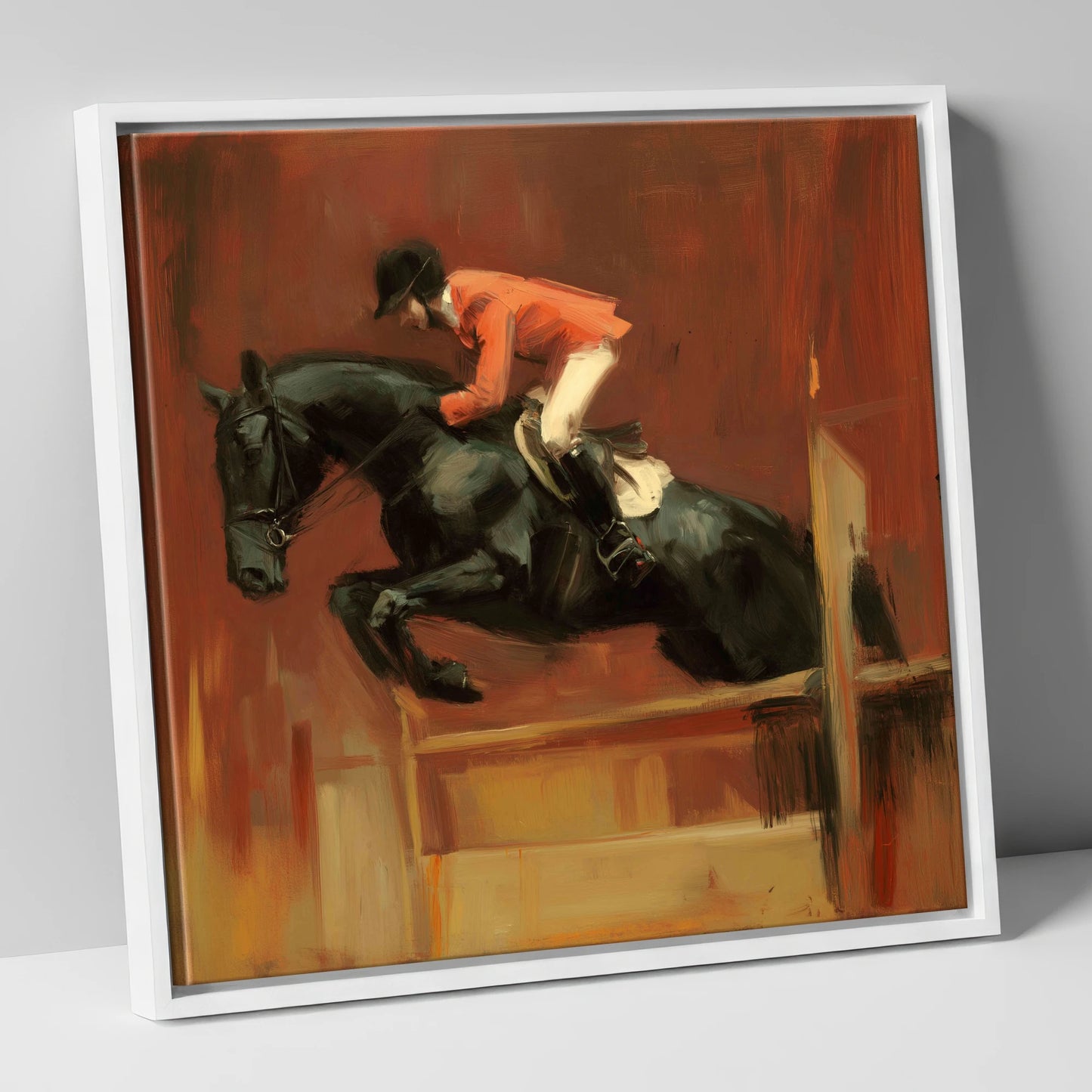 The Bold Leap show jumping horse canvas wall art in white frame
