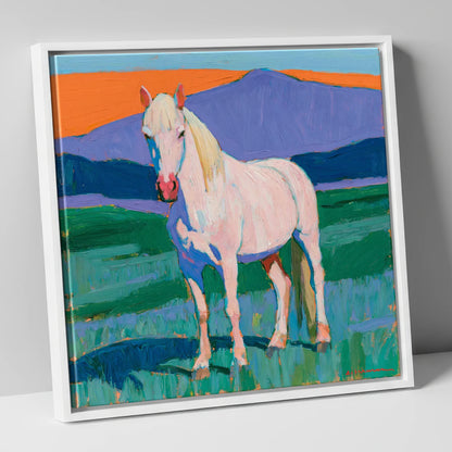 Grey Horse in Colourful Landscape horse breed canvas wall art in white frame