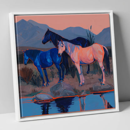 Vivid Indigo Dusk wild horses canvas wall art in white frame