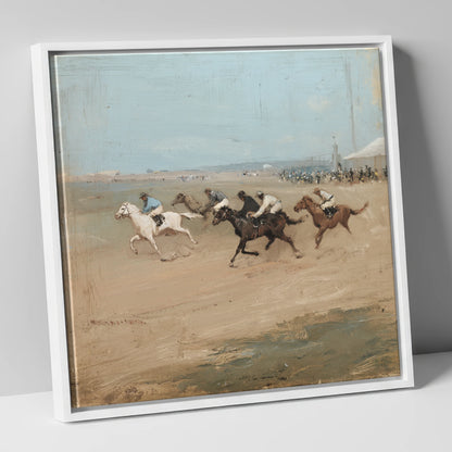 Gallop on the Sands racing horse canvas wall art in white frame