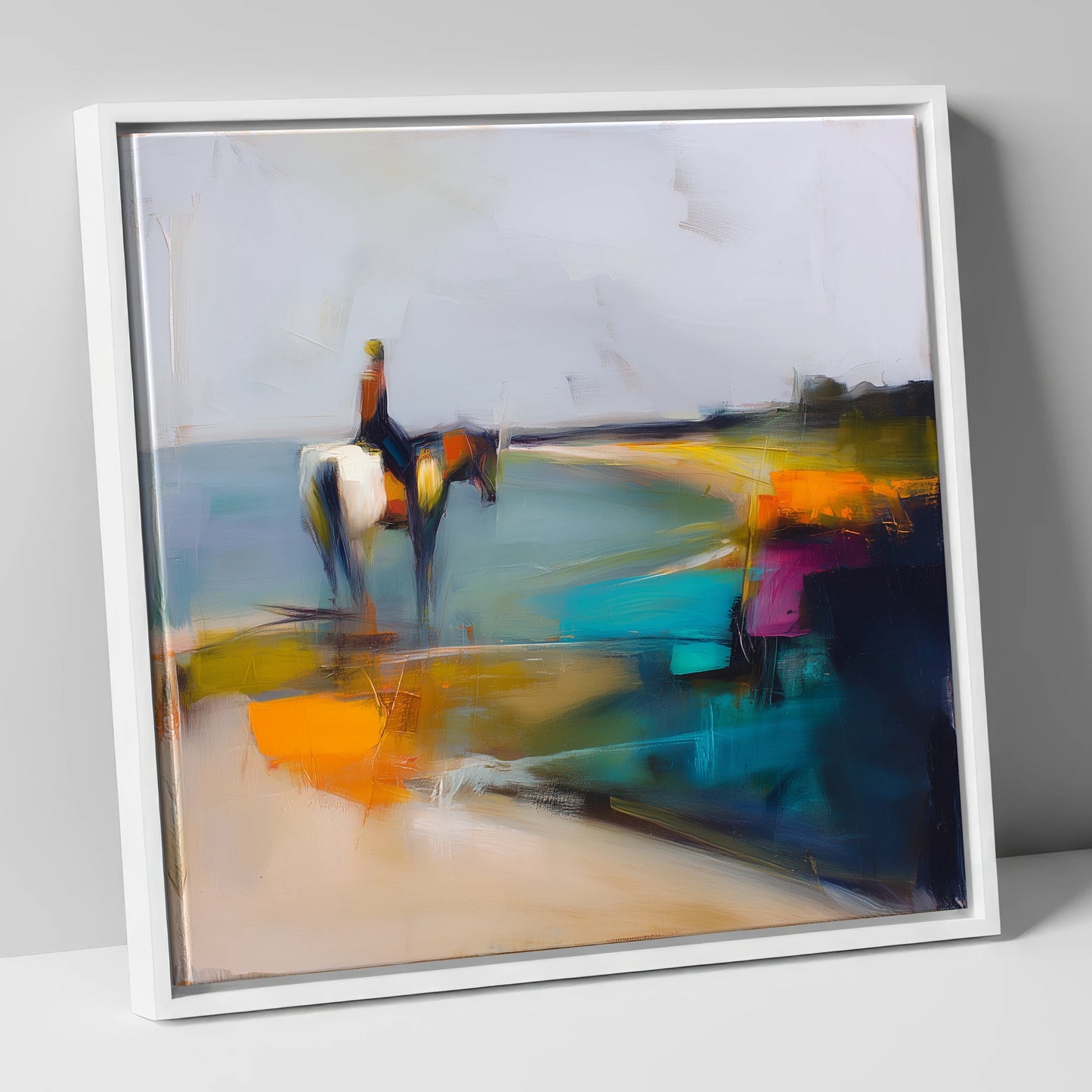 Vivid Shoreline beach horse canvas wall art in white frame
