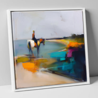 Vivid Shoreline beach horse canvas wall art in white frame