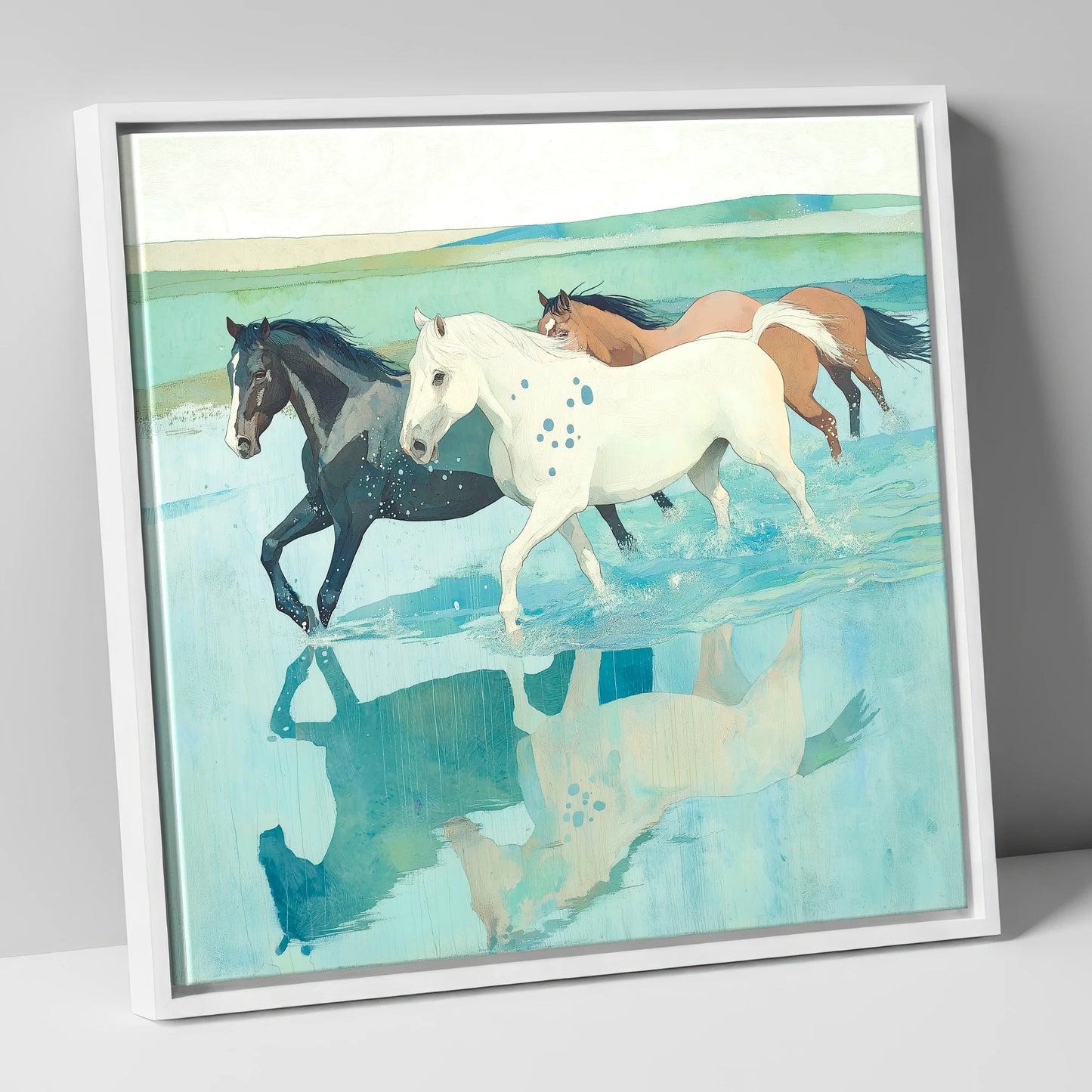 Tidal Canter wild horses canvas wall art in white frame
