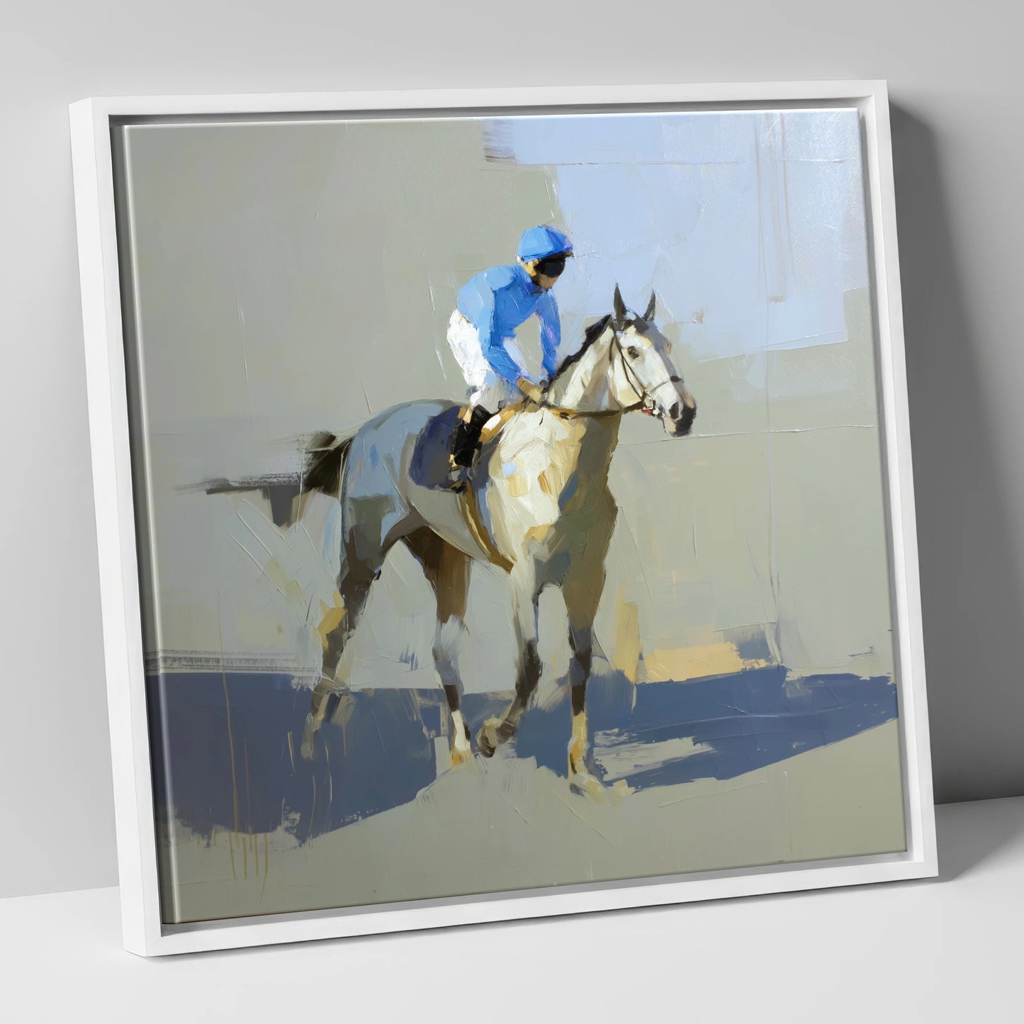 Blue Silks and Shadows racing horse canvas wall art in white frame