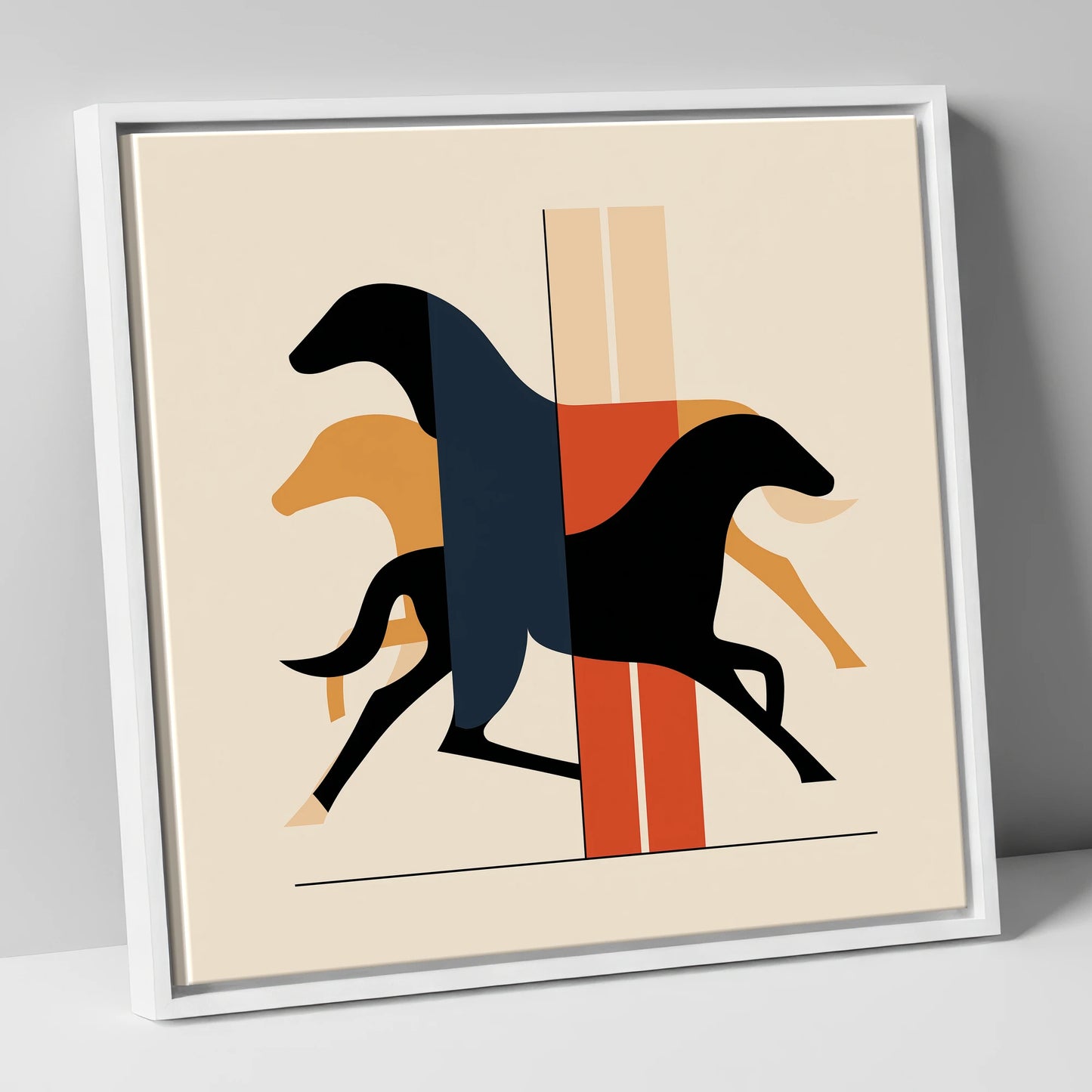 Geometric Gallop racing horse canvas wall art in white frame
