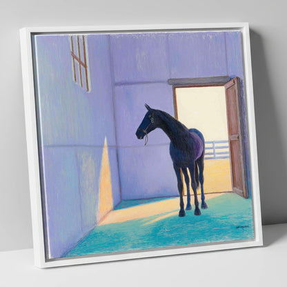 Sunlit Stable Shadows horse stable canvas wall art in white frame