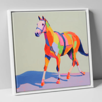 Vibrant Strides racing horse canvas wall art in white frame
