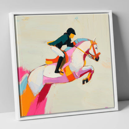 Vivid Bascule show jumping horse canvas wall art in white frame